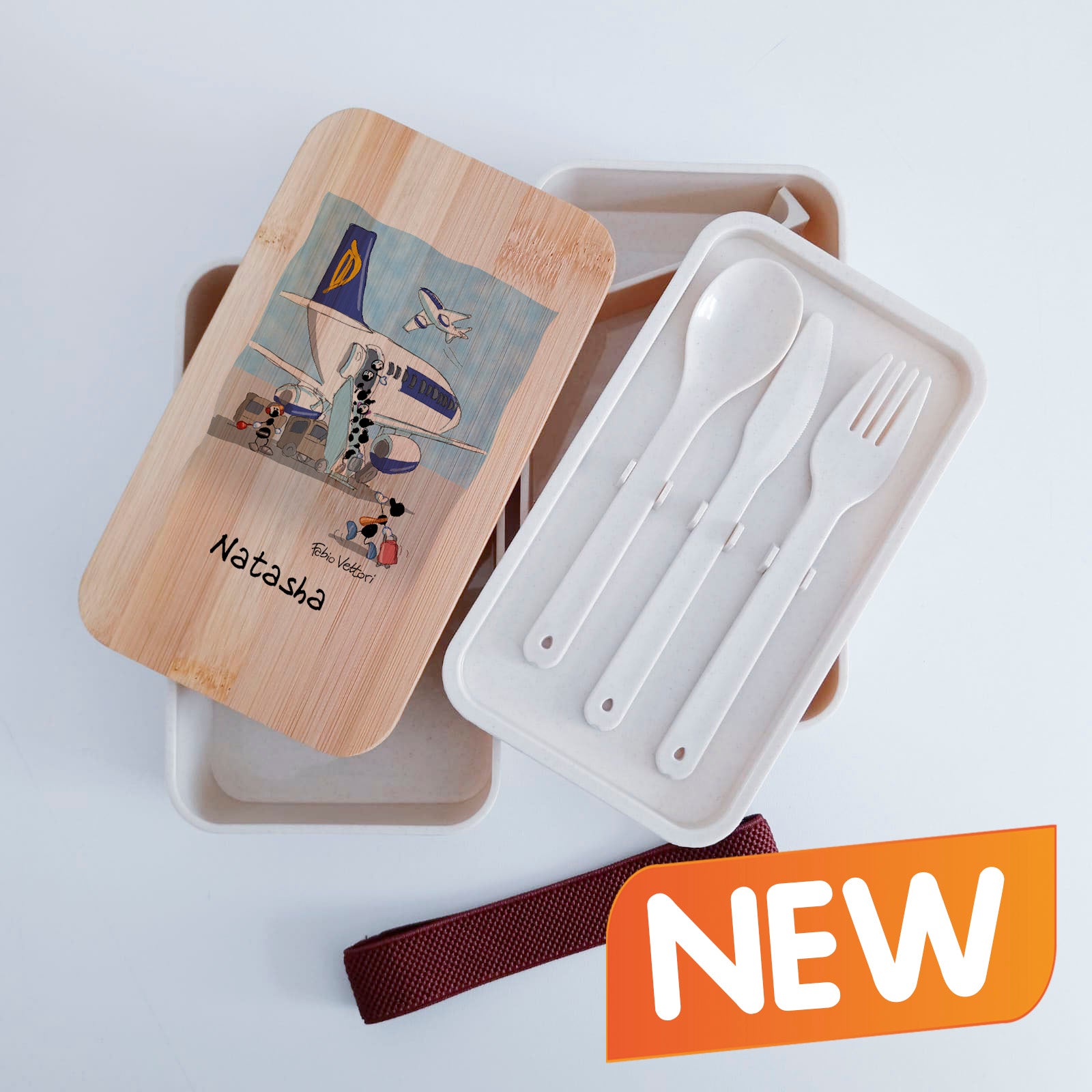 Scatola Porta Pranzo con coperchio in bambù e Posate Personalizzata soggetto "Viaggi"