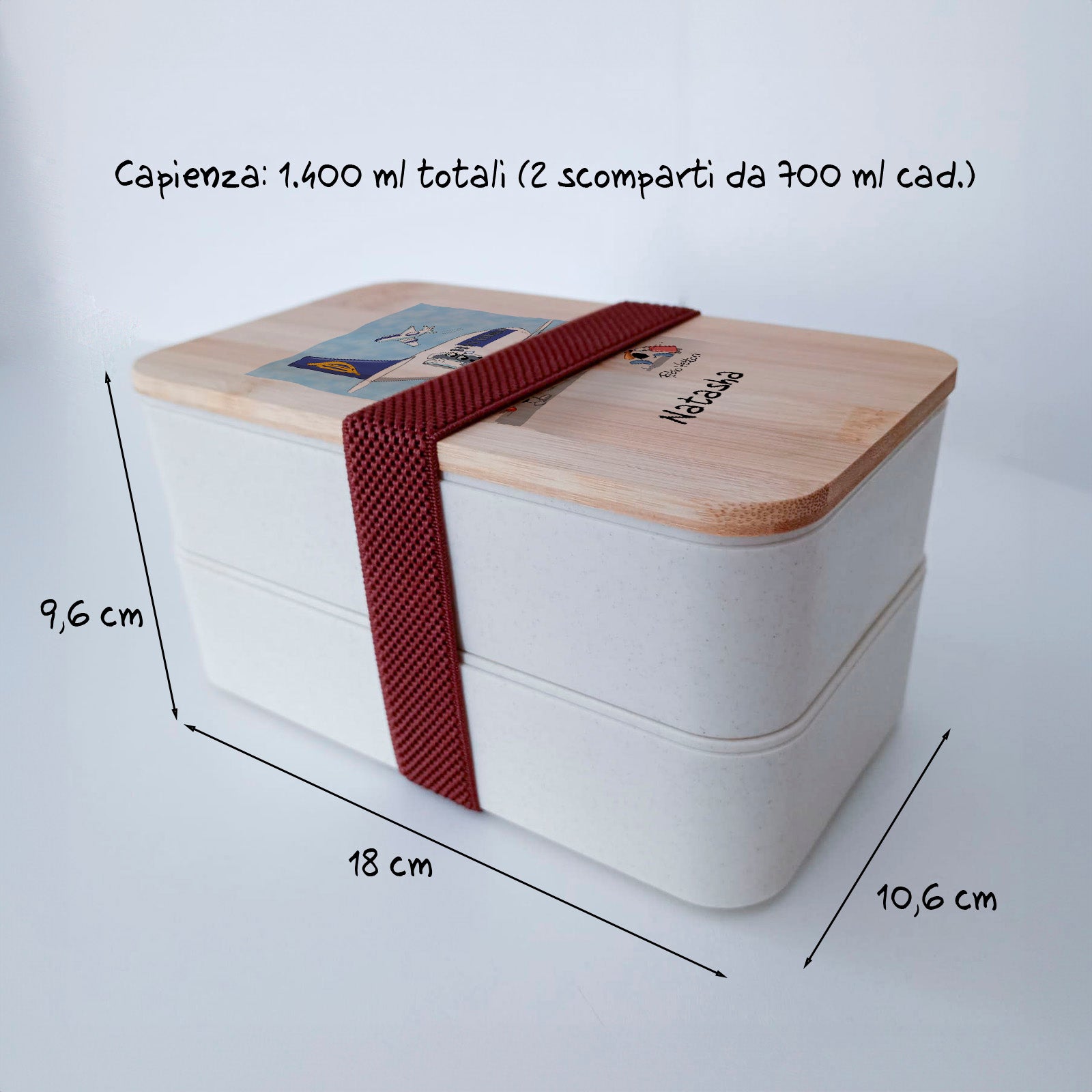 Scatola Porta Pranzo con coperchio in bambù e Posate Personalizzata soggetto "Viaggi"