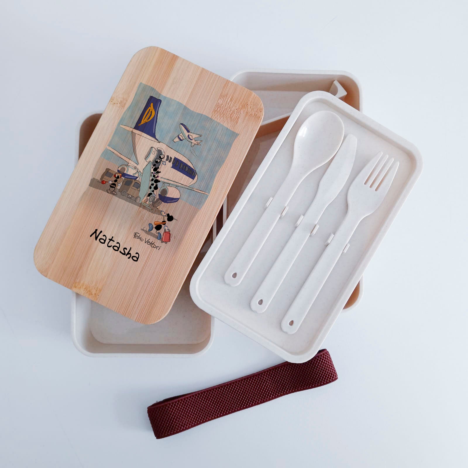 Scatola Porta Pranzo con coperchio in bambù e Posate Personalizzata soggetto "Viaggi"