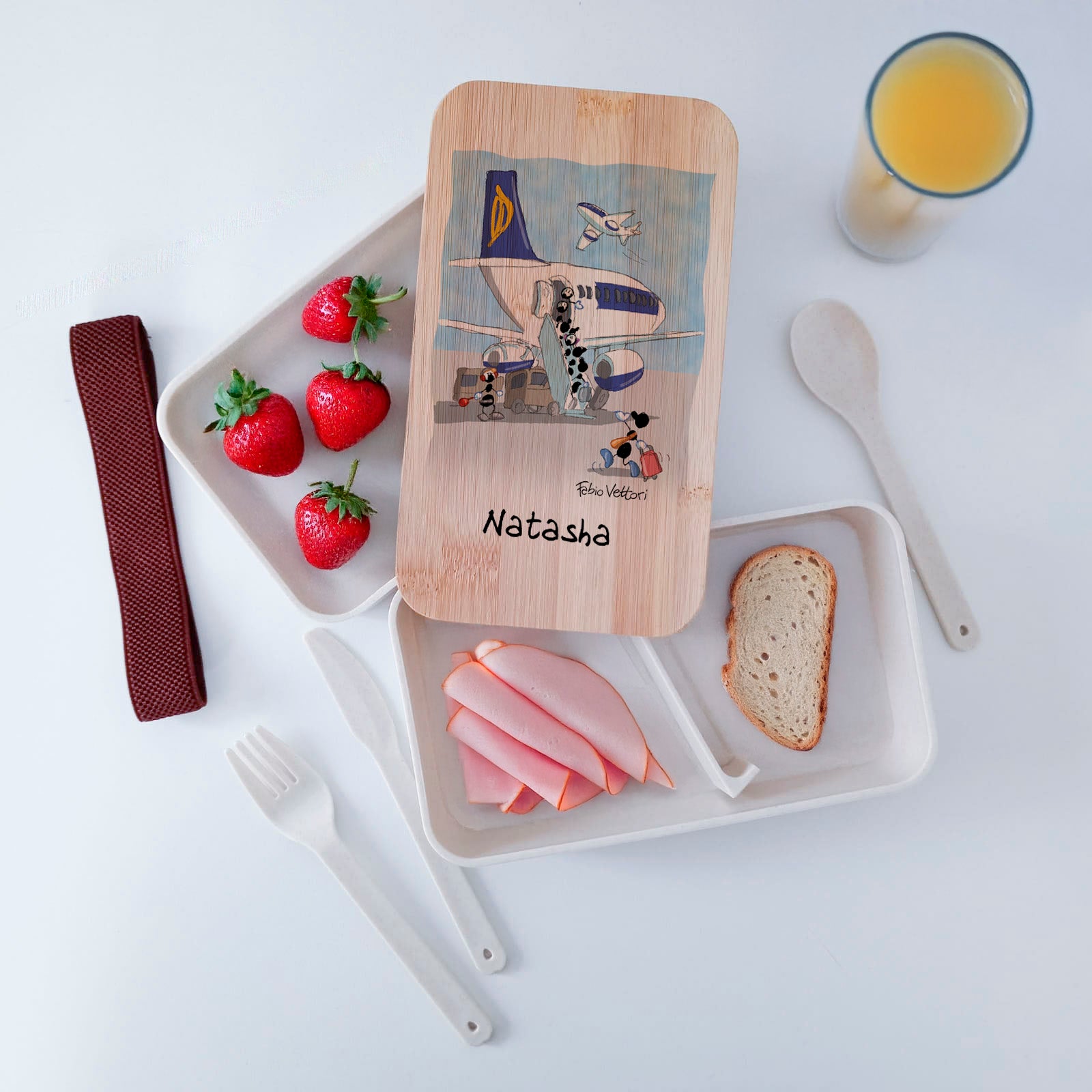 Scatola Porta Pranzo con coperchio in bambù e Posate Personalizzata soggetto "Viaggi"