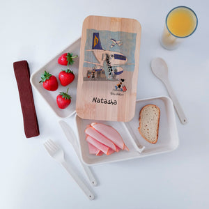 Scatola Porta Pranzo con coperchio in bambù e Posate Personalizzata soggetto "Viaggi"