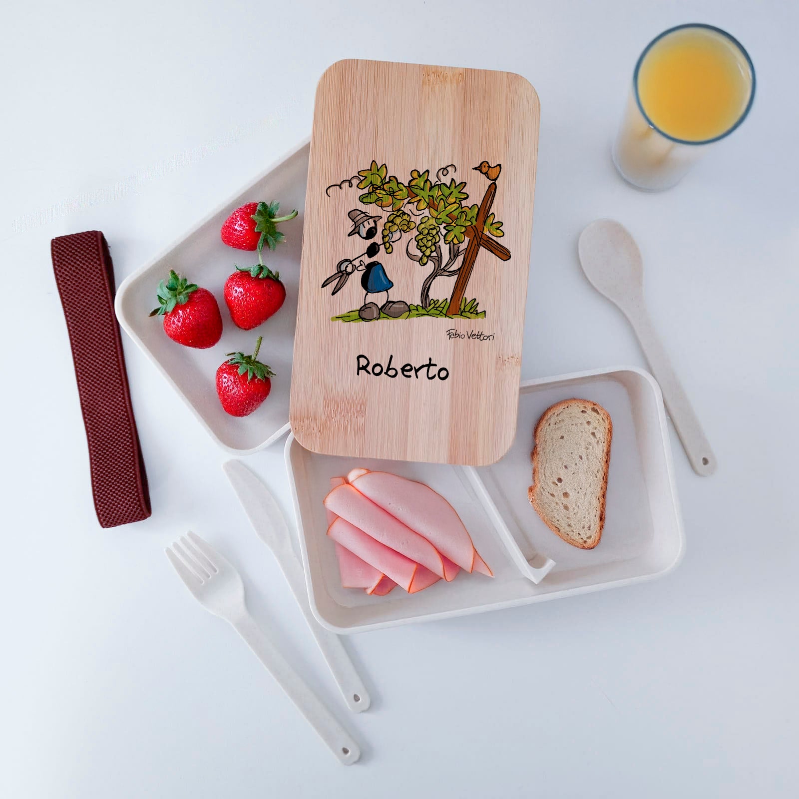 Scatola Porta Pranzo con coperchio in bambù e Posate Personalizzata soggetto "Viticoltori"