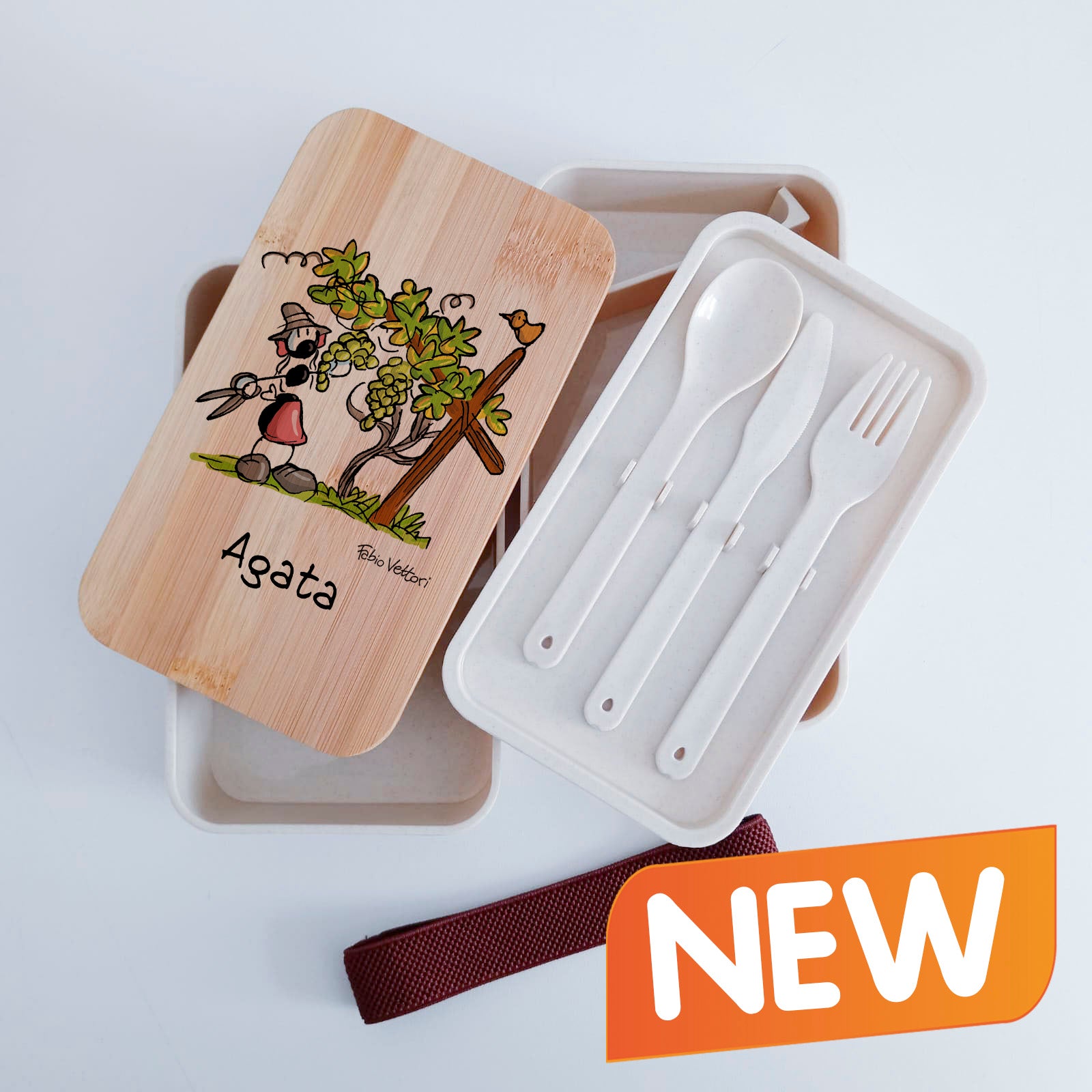 Scatola Porta Pranzo con coperchio in bambù e Posate Personalizzata soggetto "Viticoltori"