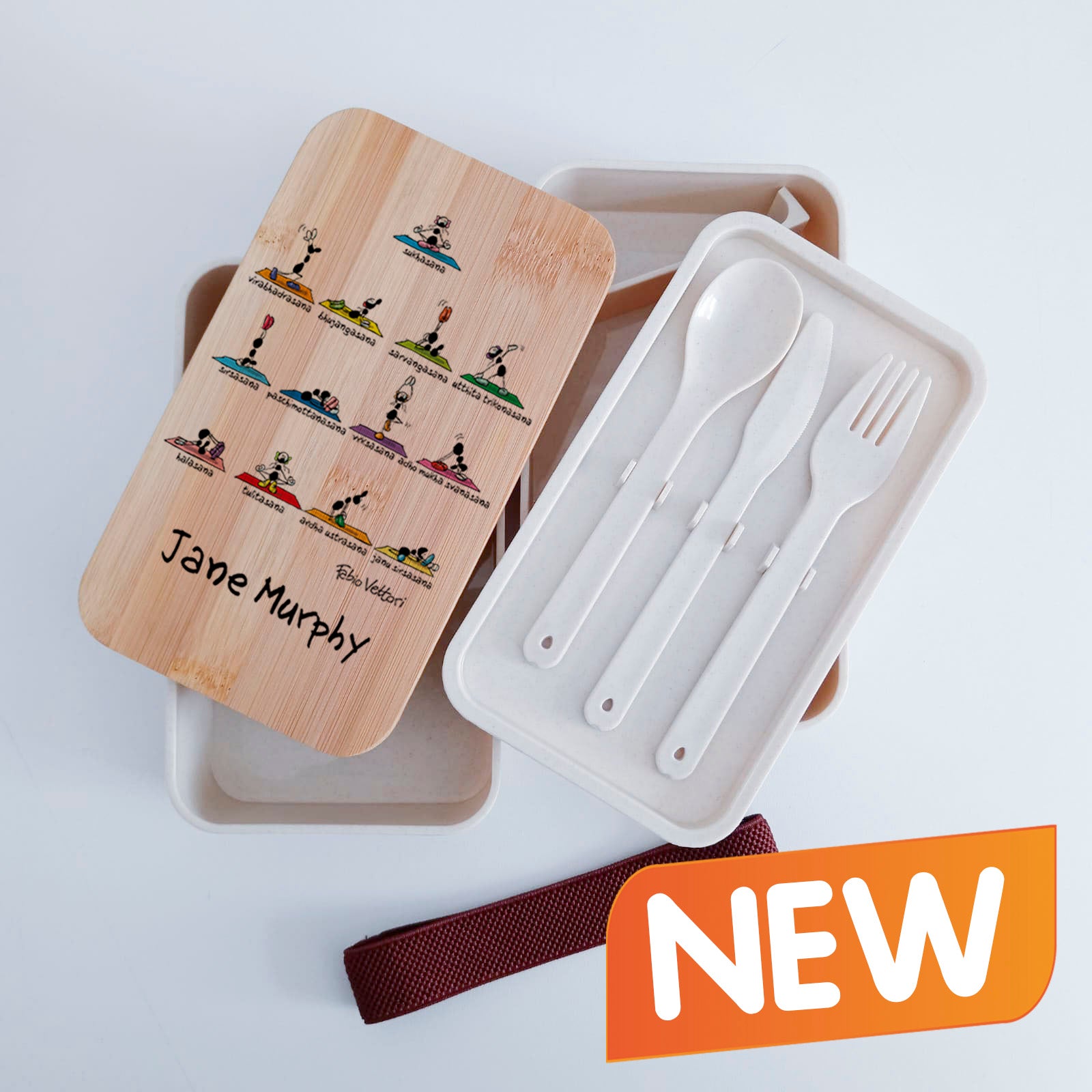 Scatola Porta Pranzo con coperchio in bambù e Posate Personalizzata soggetto "Yoga"