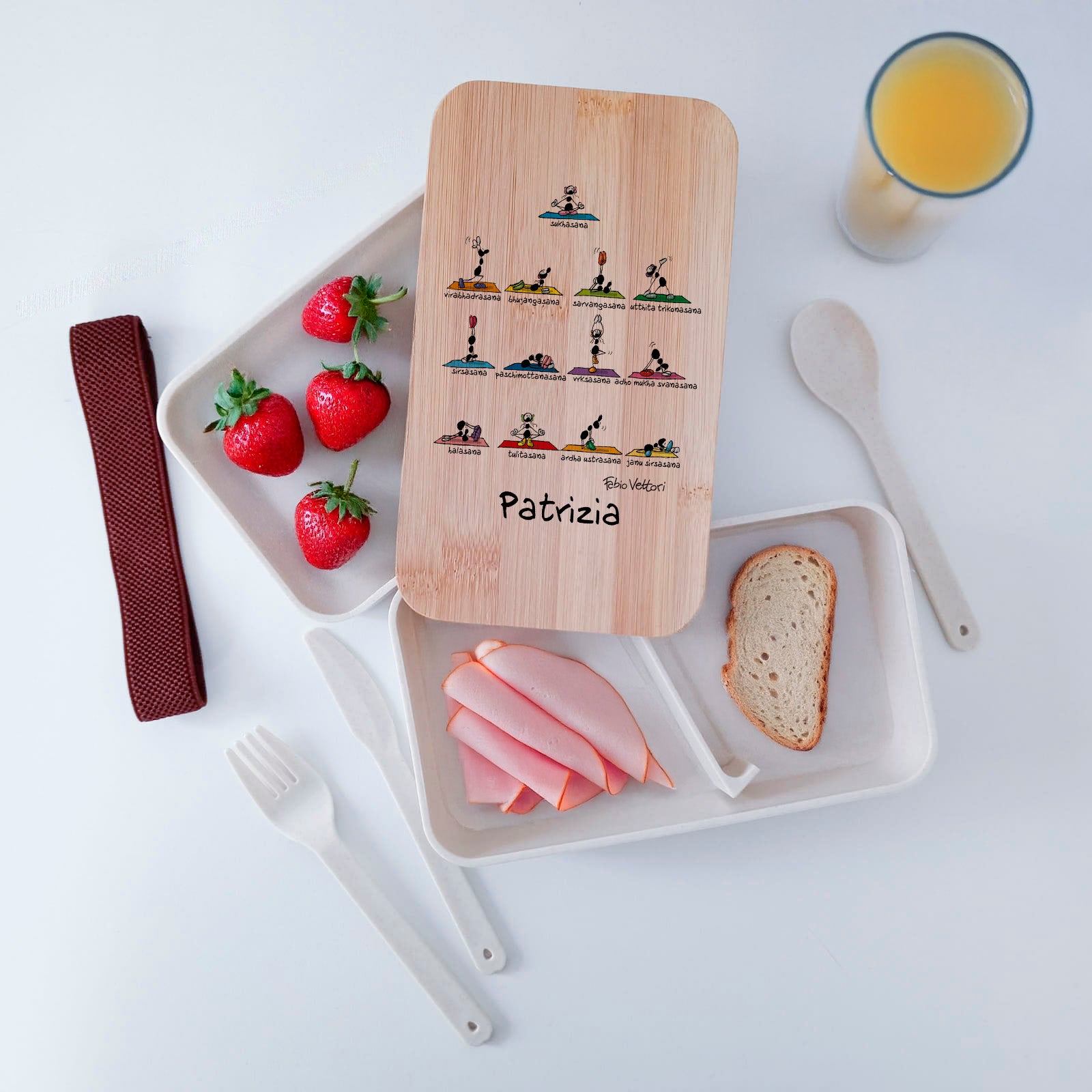 Scatola Porta Pranzo con coperchio in bambù e Posate Personalizzata soggetto "Yoga"