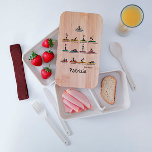 Scatola Porta Pranzo con coperchio in bambù e Posate Personalizzata soggetto "Yoga"