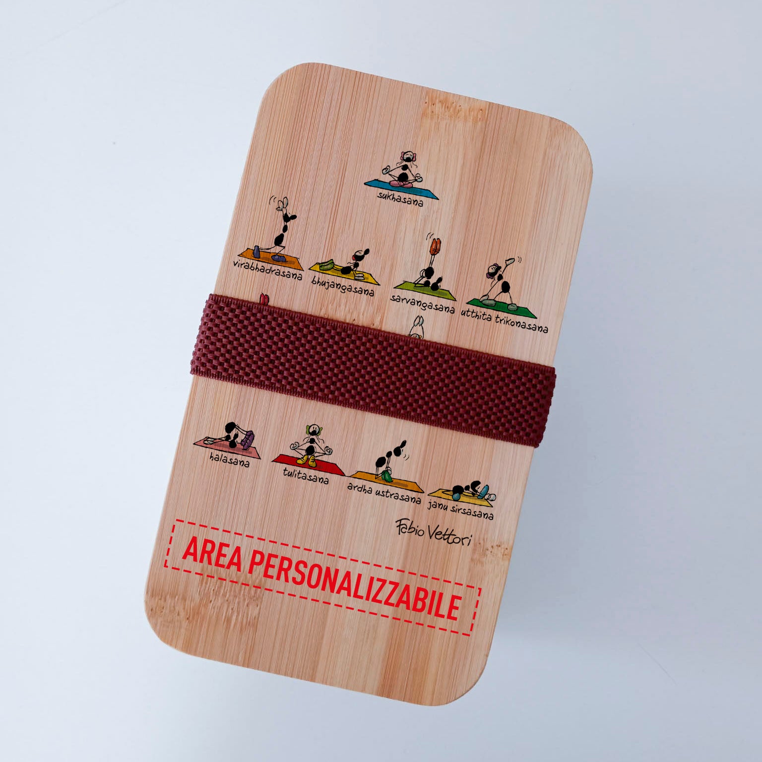 Scatola Porta Pranzo con coperchio in bambù e Posate Personalizzata soggetto "Yoga"