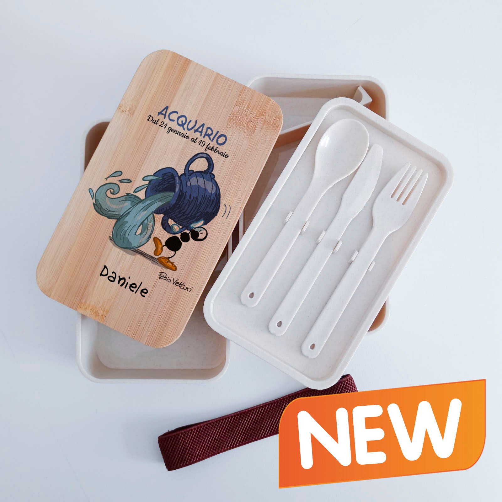Scatola Porta Pranzo con coperchio in bambù e Posate Personalizzata soggetto "Zodiaco"