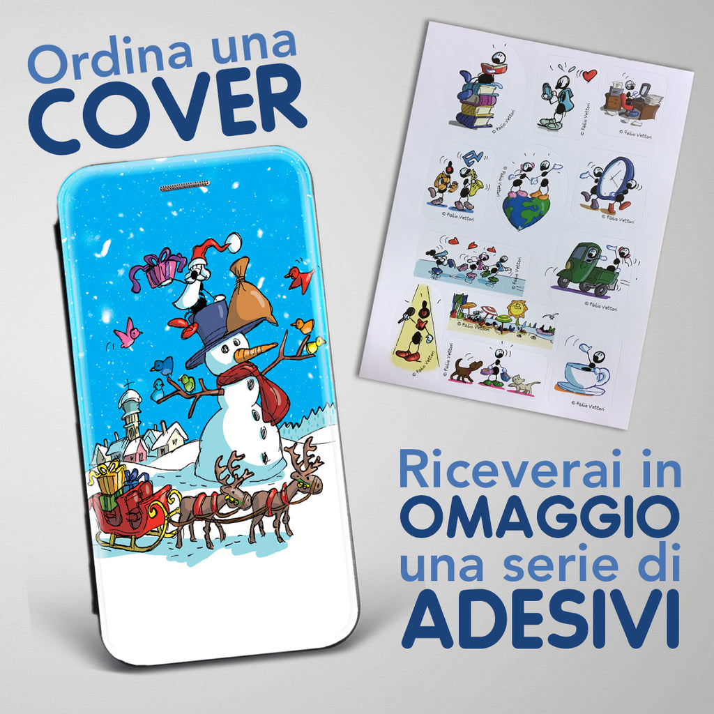 Cover artistica per Smartphone soggetto "Pupazzo di neve" modello con apertura "a Libro"