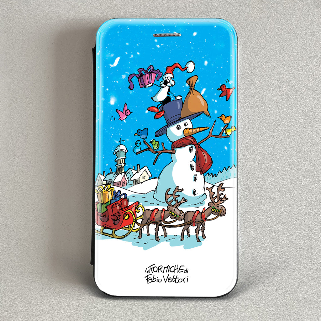 Cover artistica per Smartphone soggetto "Pupazzo di neve" modello con apertura "a Libro"