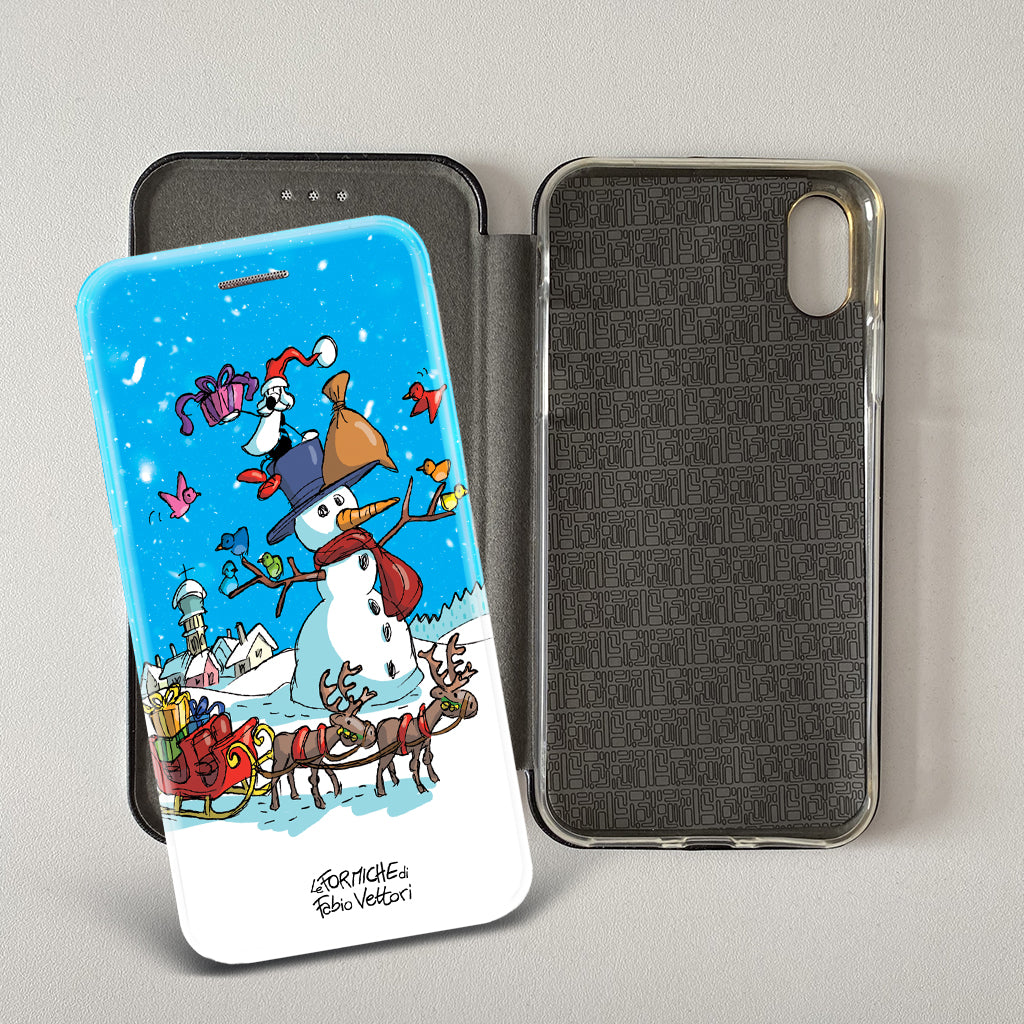 Cover artistica per Smartphone soggetto "Pupazzo di neve" modello con apertura "a Libro"