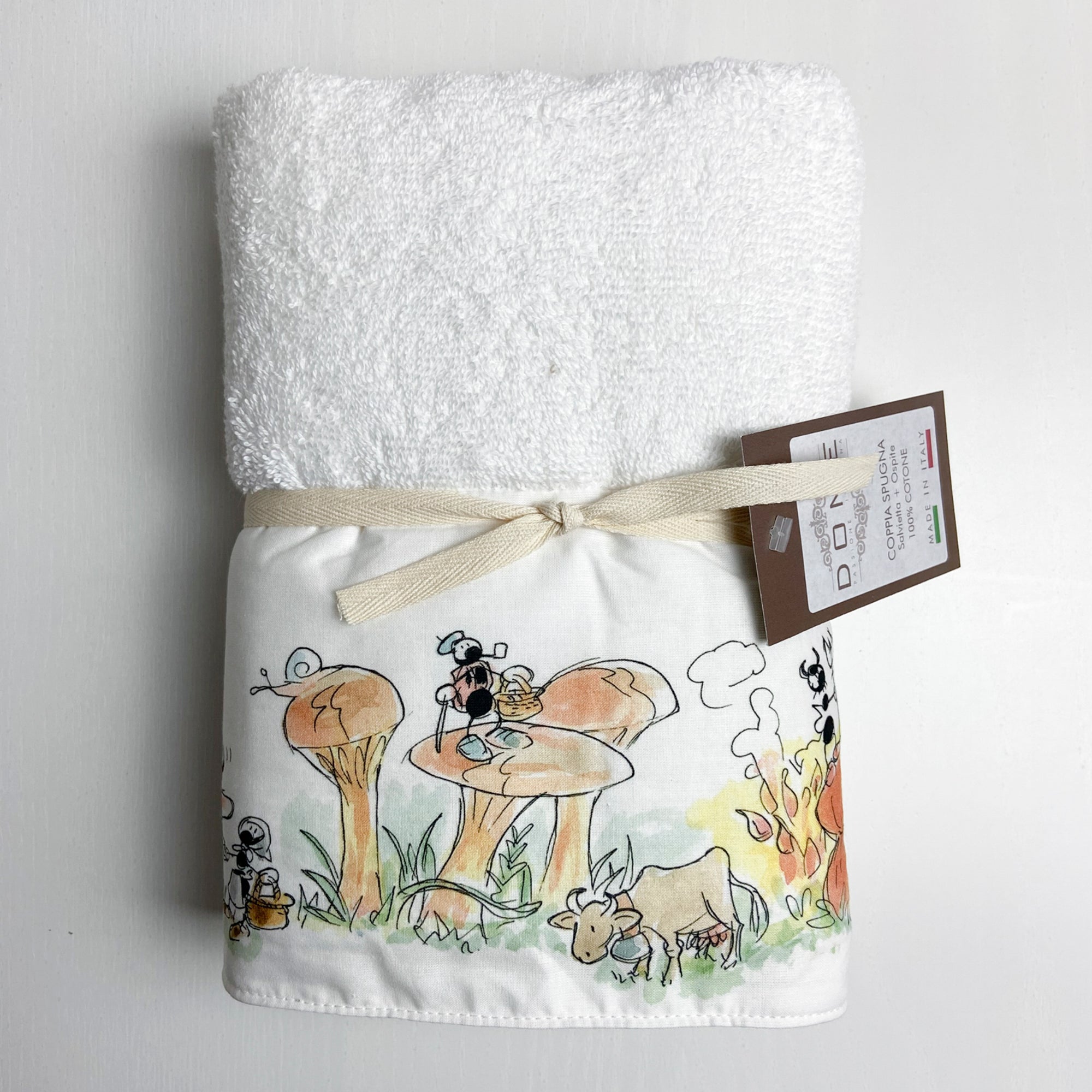COUPLE SPONGE TOWEL + GUEST towels in cotton "Mushrooms" motif