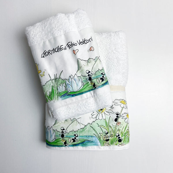 Coppia Asciugamani Bagno 100% Cotone Con Ricami Simpatici